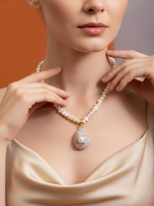Natural pearl necklace pendant, three-dimensional inlaid with colored zircon and pink tourmaline pendant