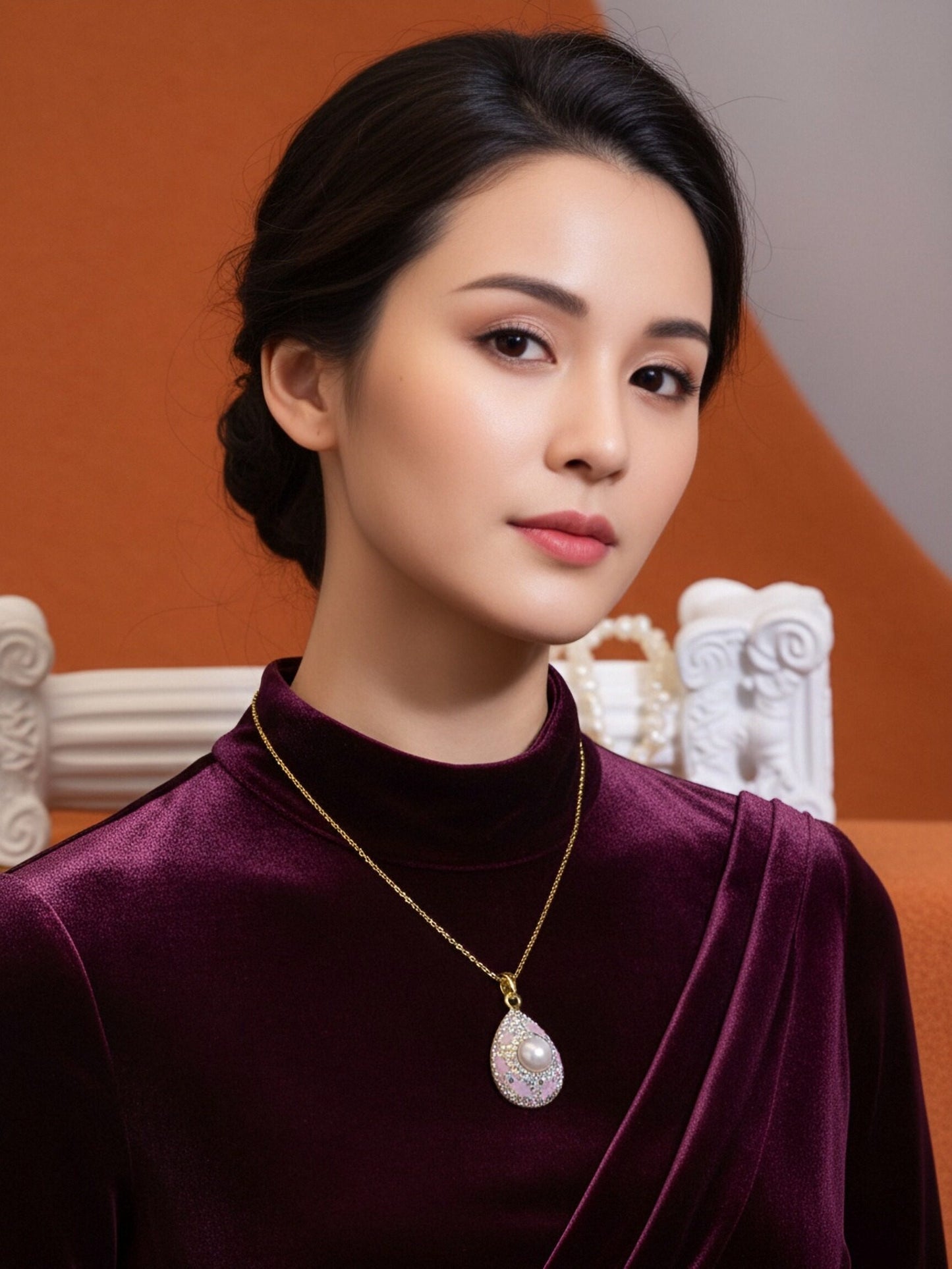 Natural pearl necklace pendant, three-dimensional inlaid with colored zircon and pink tourmaline pendant