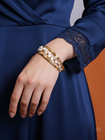 Natural pearl bracelet three piece set paired with smile bracelet and gold open hammer bracelet