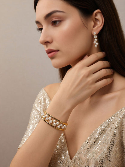 Natural pearl bracelet three piece set paired with smile bracelet and gold open hammer bracelet