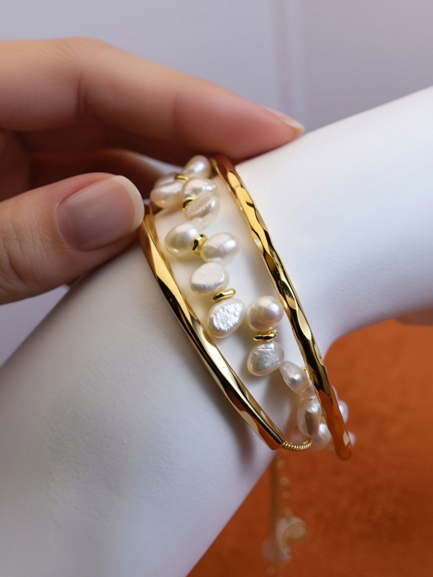 Natural pearl bracelet three piece set paired with smile bracelet and gold open hammer bracelet