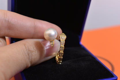 Natural pearl ring inlaid with zircon snake shaped opening adjustable ring