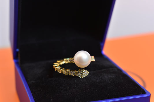 Natural pearl ring inlaid with zircon snake shaped opening adjustable ring