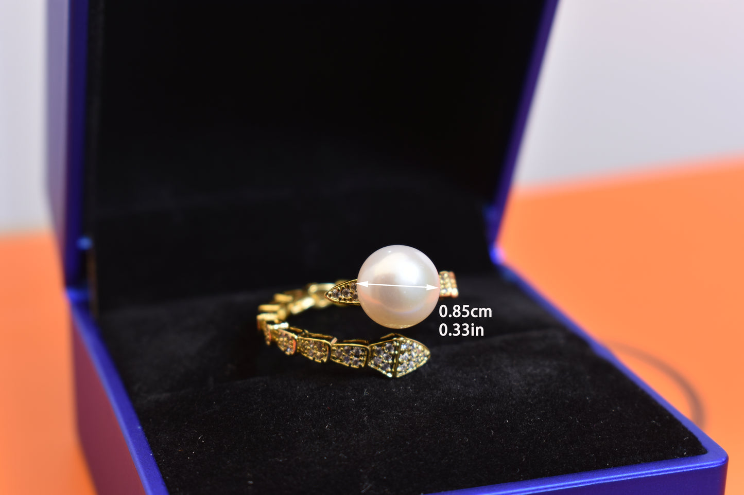 Natural pearl ring inlaid with zircon snake shaped opening adjustable ring