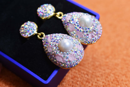 Natural pearl long earrings with three-dimensional inlaid powder crystal zircon, gorgeous earrings