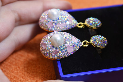 Natural pearl long earrings with three-dimensional inlaid powder crystal zircon, gorgeous earrings