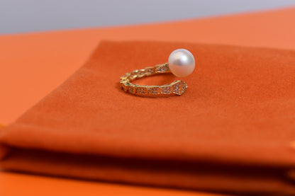 Natural pearl ring inlaid with zircon snake shaped opening adjustable ring