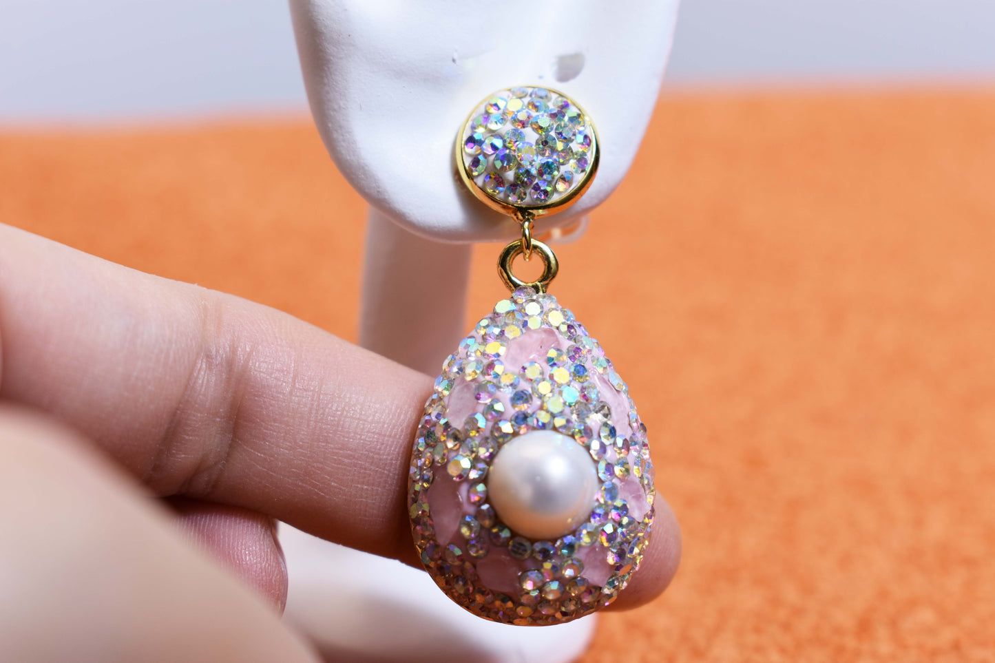 Natural pearl long earrings with three-dimensional inlaid powder crystal zircon, gorgeous earrings