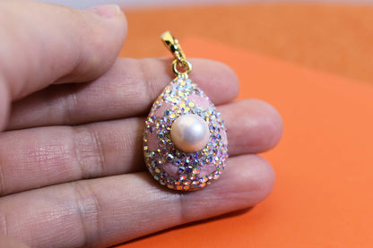 Natural pearl necklace pendant, three-dimensional inlaid with colored zircon and pink tourmaline pendant
