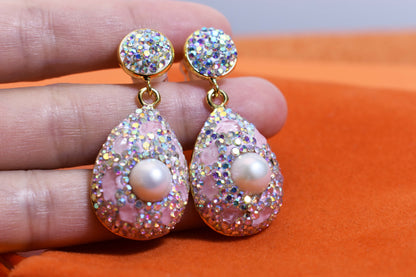 Natural pearl long earrings with three-dimensional inlaid powder crystal zircon, gorgeous earrings