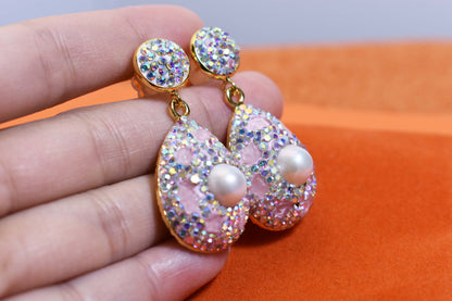 Natural pearl long earrings with three-dimensional inlaid powder crystal zircon, gorgeous earrings