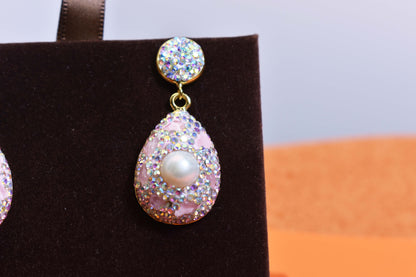 Natural pearl long earrings with three-dimensional inlaid powder crystal zircon, gorgeous earrings