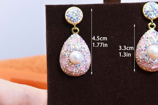 Natural pearl long earrings with three-dimensional inlaid powder crystal zircon, gorgeous earrings
