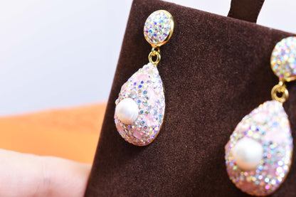 Natural pearl long earrings with three-dimensional inlaid powder crystal zircon, gorgeous earrings