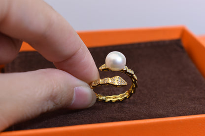 Natural pearl ring inlaid with zircon snake shaped opening adjustable ring