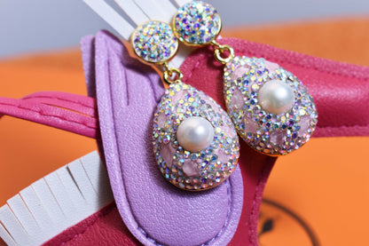 Natural pearl long earrings with three-dimensional inlaid powder crystal zircon, gorgeous earrings