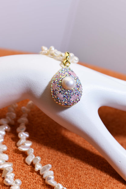 Natural pearl necklace pendant, three-dimensional inlaid with colored zircon and pink tourmaline pendant