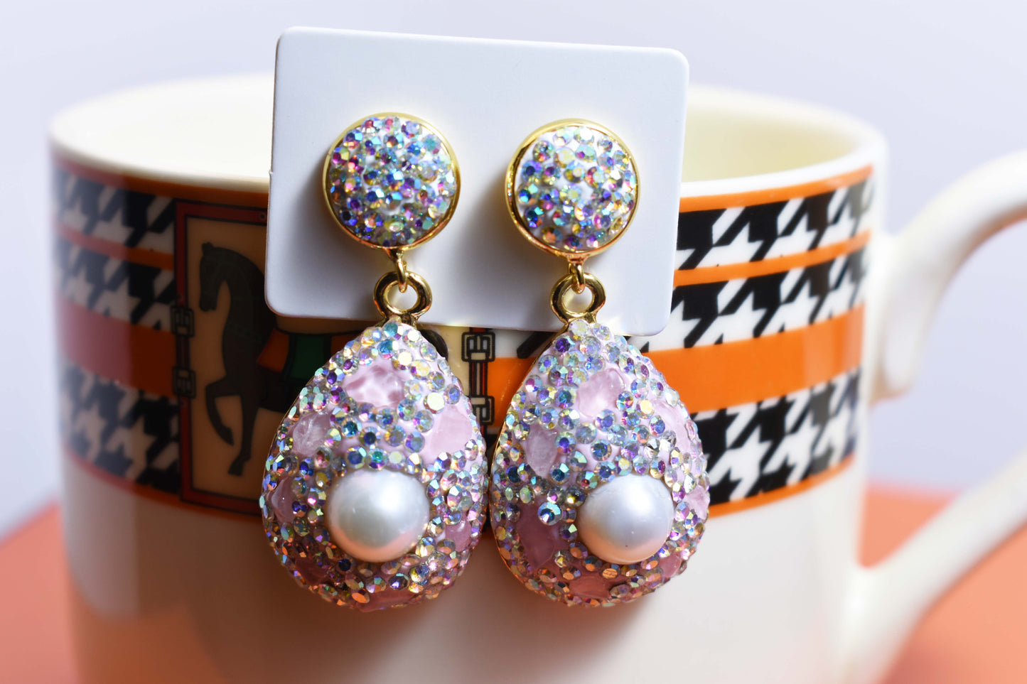 Natural pearl long earrings with three-dimensional inlaid powder crystal zircon, gorgeous earrings