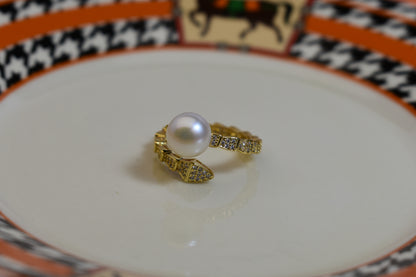 Natural pearl ring inlaid with zircon snake shaped opening adjustable ring