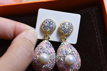 Natural pearl long earrings with three-dimensional inlaid powder crystal zircon, gorgeous earrings
