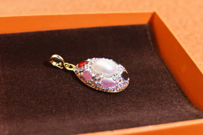 Natural pearl necklace pendant, three-dimensional inlaid with colored zircon and tourmaline pendant