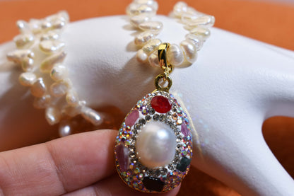 Natural pearl necklace pendant, three-dimensional inlaid with colored zircon and tourmaline pendant