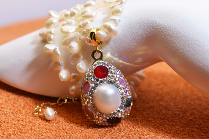 Natural pearl necklace pendant, three-dimensional inlaid with colored zircon and tourmaline pendant