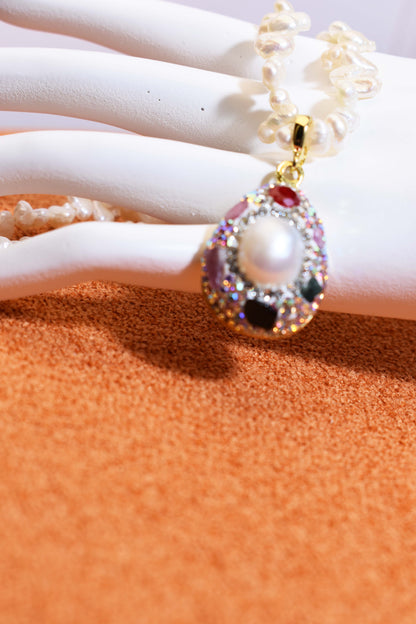 Natural pearl necklace pendant, three-dimensional inlaid with colored zircon and tourmaline pendant