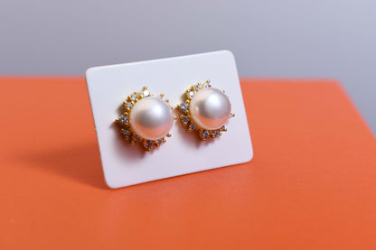 Natural pearl earrings with sunflower shaped inlay and zircon earrings
