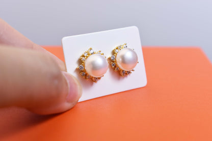 Natural pearl earrings with sunflower shaped inlay and zircon earrings