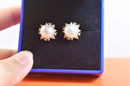 Natural pearl earrings with sunflower shaped inlay and zircon earrings