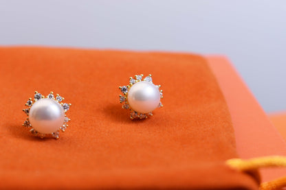 Natural pearl earrings with sunflower shaped inlay and zircon earrings
