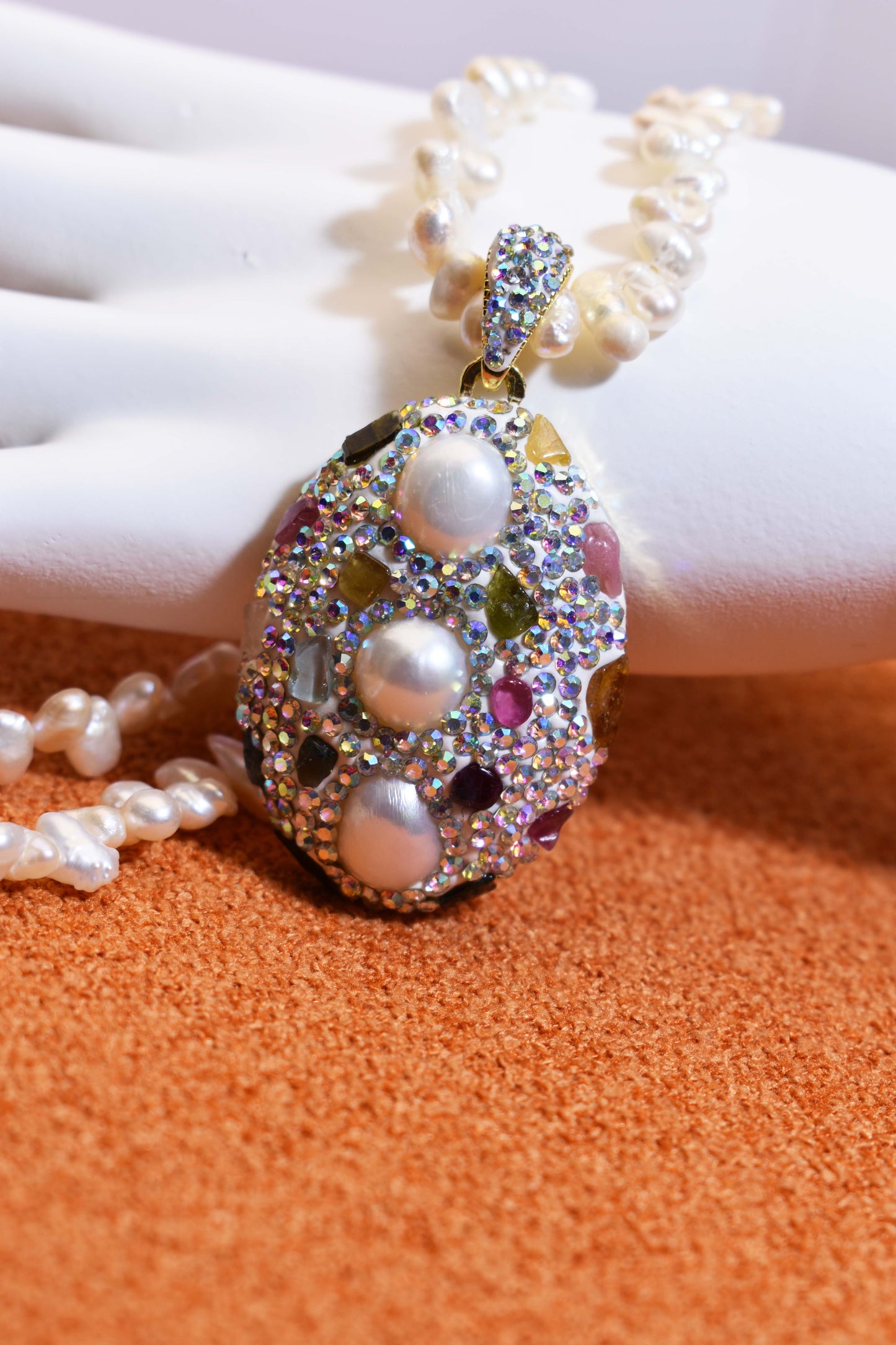 Natural pearl necklace pendant, big three-dimensional inlaid with colored zircon and tourmaline pendant