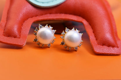 Natural pearl earrings with sunflower shaped inlay and zircon earrings