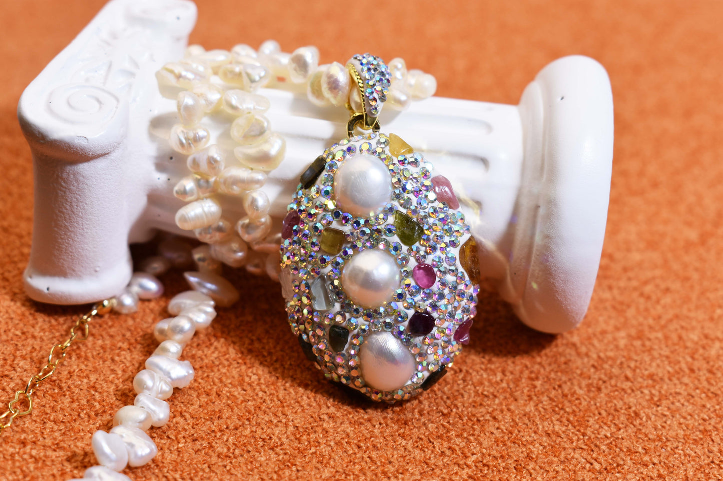 Natural pearl necklace pendant, big three-dimensional inlaid with colored zircon and tourmaline pendant