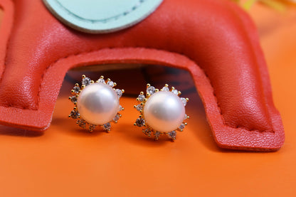 Natural pearl earrings with sunflower shaped inlay and zircon earrings