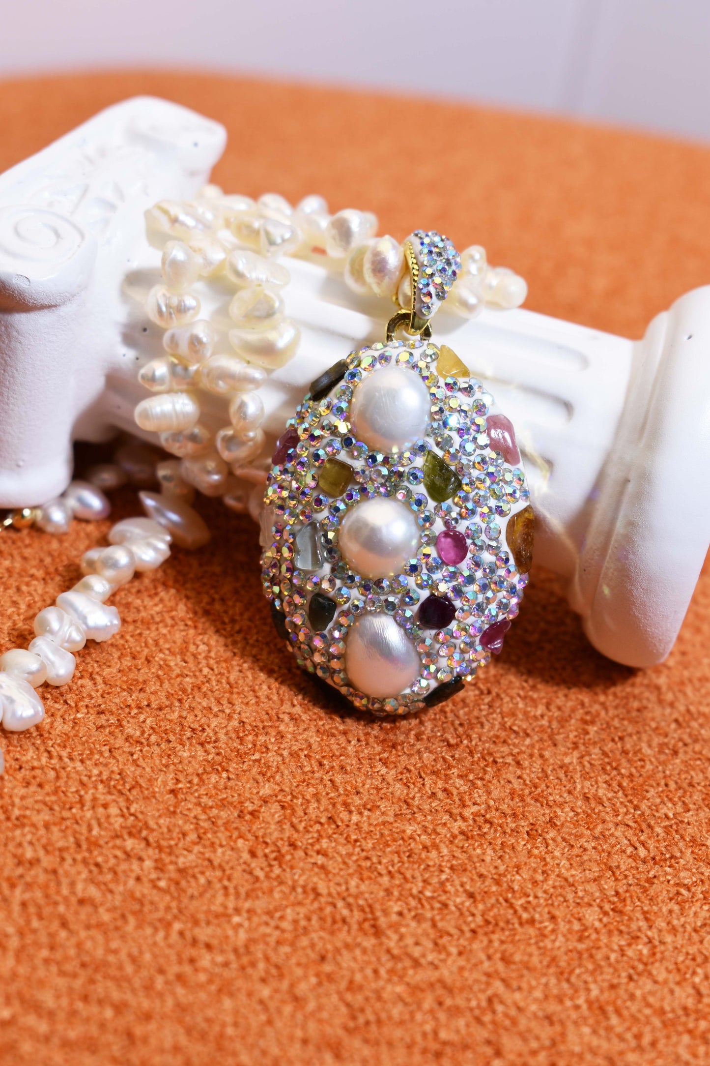 Natural pearl necklace pendant, big three-dimensional inlaid with colored zircon and tourmaline pendant