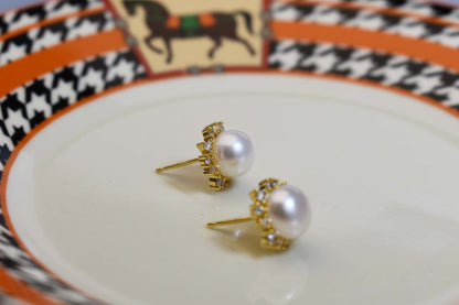 Natural pearl earrings with sunflower shaped inlay and zircon earrings