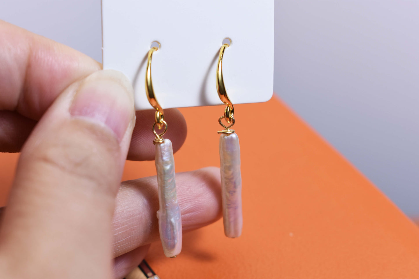 Natural pearl earrings long small silver bar with simple and fashionable ear hook design