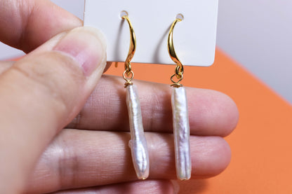 Natural pearl earrings long small silver bar with simple and fashionable ear hook design