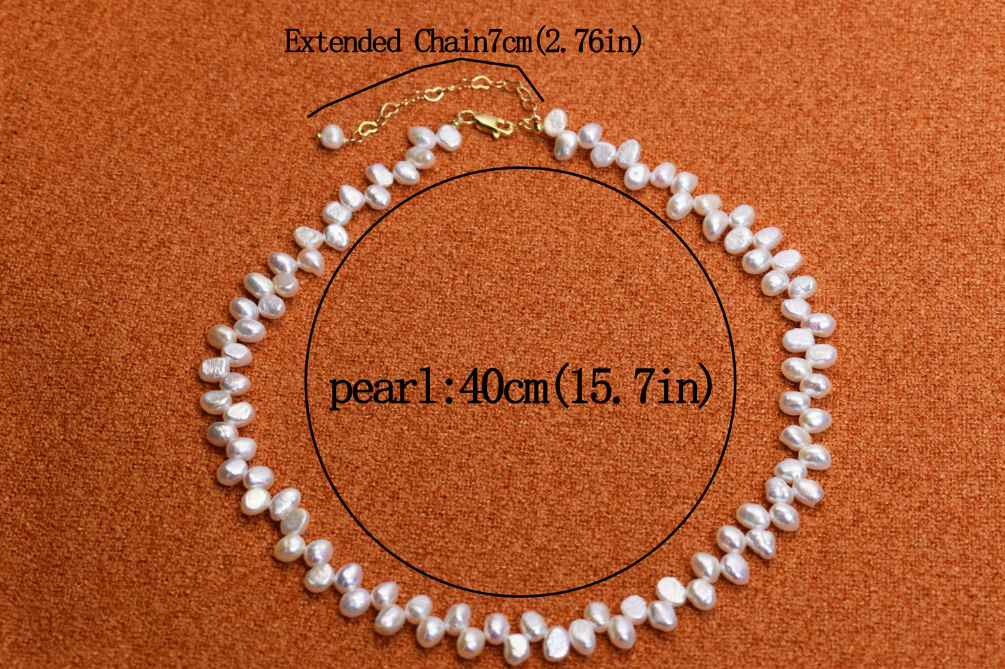 Natural pearl necklace with left-right symmetry, staggered pattern, adjustable length extension chain