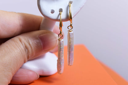 Natural pearl earrings long small silver bar with simple and fashionable ear hook design