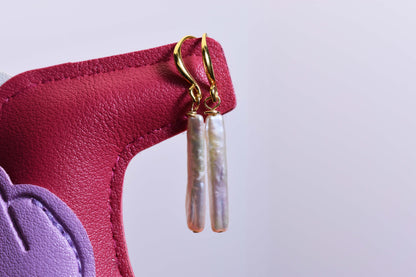Natural pearl earrings long small silver bar with simple and fashionable ear hook design