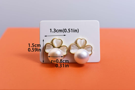 Natural pearl earrings with lucky four petal flower design, heart-shaped peach heart inlaid with white abalone shell earrings