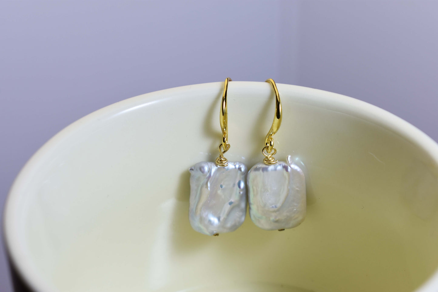 Baroque pearl earrings flat piece pearl long ear hook earrings