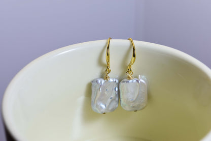 Baroque pearl earrings flat piece pearl long ear hook earrings