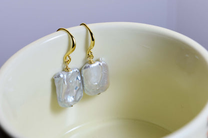 Baroque pearl earrings flat piece pearl long ear hook earrings