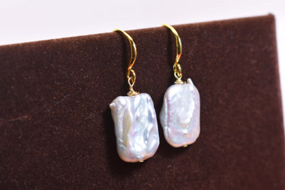 Baroque pearl earrings flat piece pearl long ear hook earrings