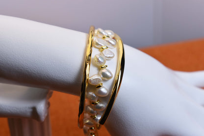 Natural pearl bracelet three piece set paired with smile bracelet and gold open hammer bracelet