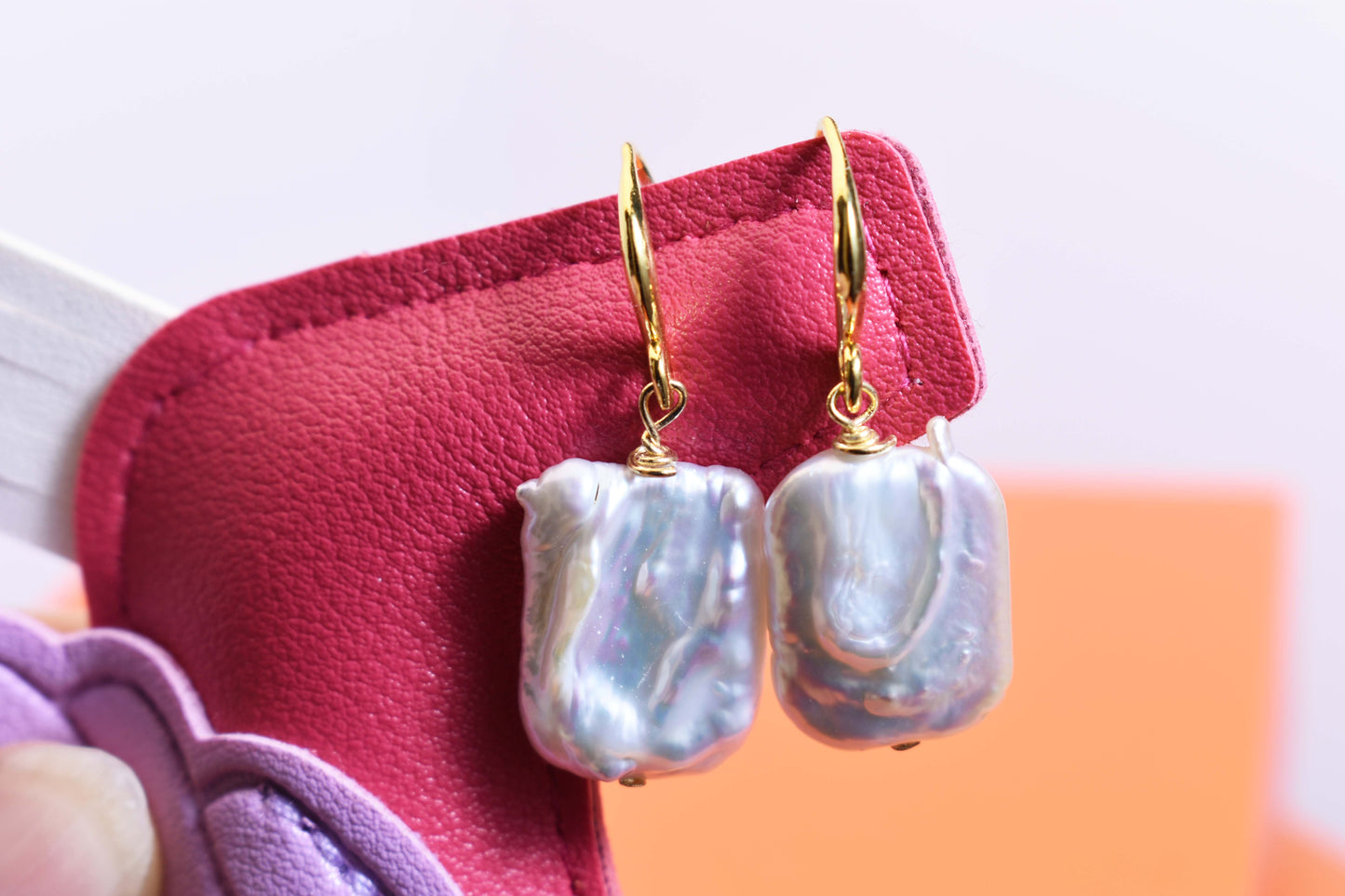 Baroque pearl earrings flat piece pearl long ear hook earrings